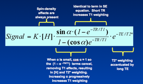 Equation for signal in gradient echo (GRE) MRI